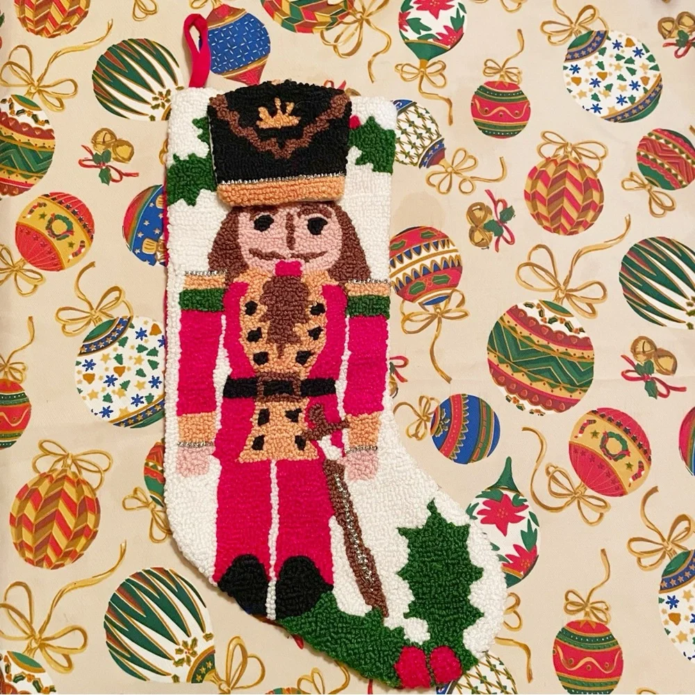 Pier 1 Imports Nutcracker Christmas Holiday Stocking Hooked Rug Yarn 3D Hat 19